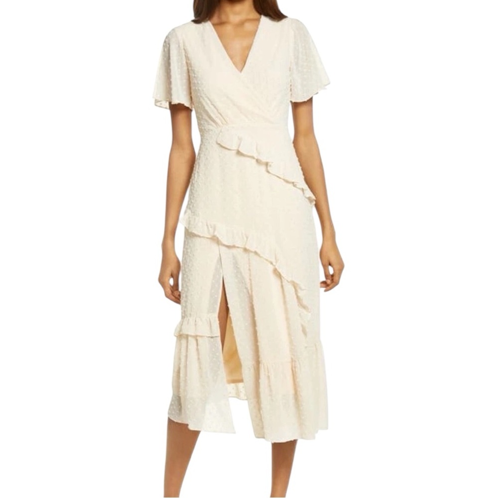 Lulus Ivory Swiss Dot Midi Dress – Size M | Wrap Style with Ruffle Details